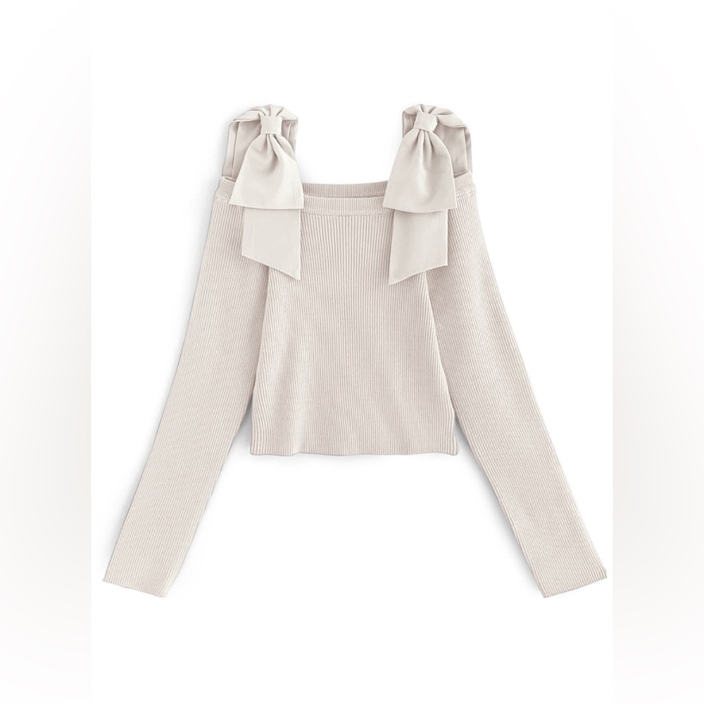 Off-Shoulder Knit Top with Ribbon Straps